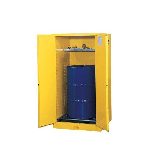 Justrite 896260 55 Gallon, 1 Drum Vertical, 1 Shelf, 2 Doors, Manual Close, Flammable Cabinet w/ Drum Rollers, Sure-Grip® EX, Yellow