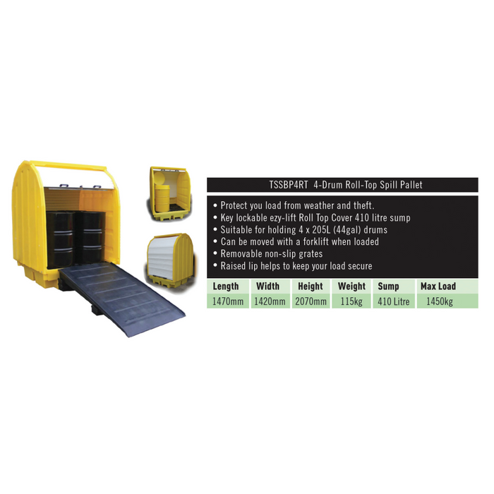 Spill Station BP4RT 4-Drum Roll-Top Spill Pallet